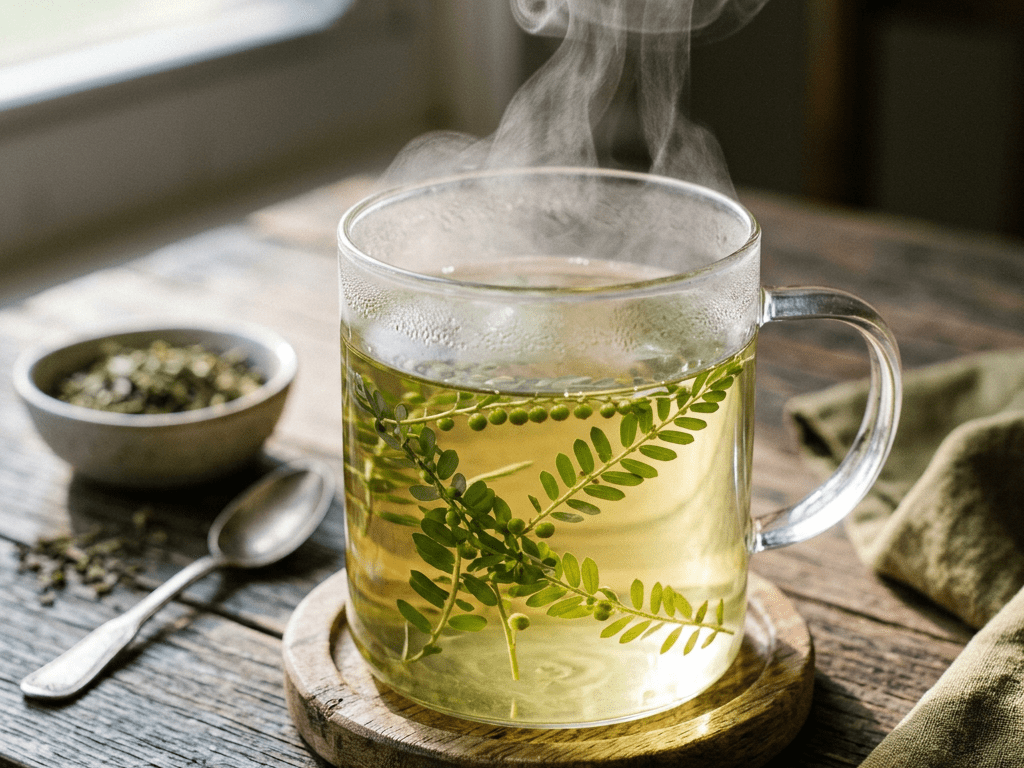 Clear glass cup with steaming herbal tea and fresh green leaves inside