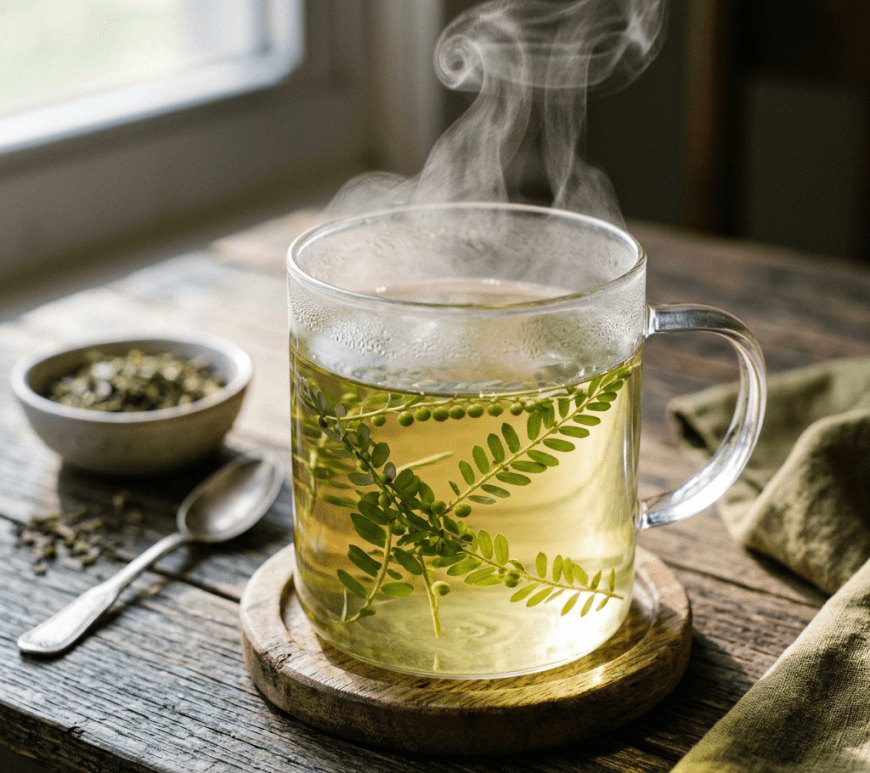 Clear glass cup with steaming herbal tea and fresh green leaves inside