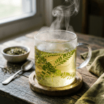 Clear glass cup with steaming herbal tea and fresh green leaves inside